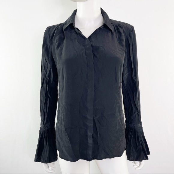 Frame Women's Black Trumpet Sleeve 100% Silk Collared Button Up Shirt Size S - Picture 1 of 11